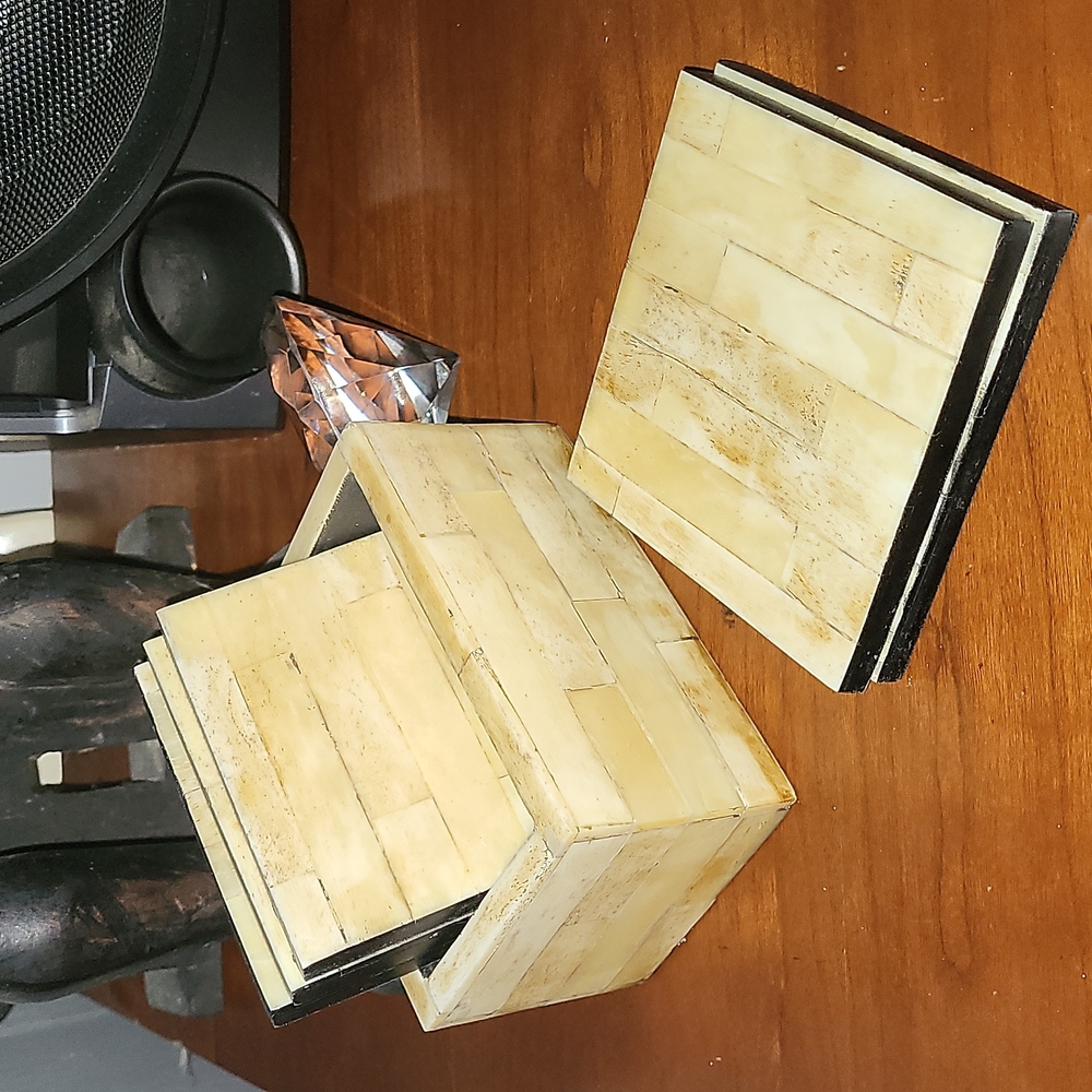 Bone Drink Costers With Holder Set of Six. Felt Backing. Authentic Designer Deco